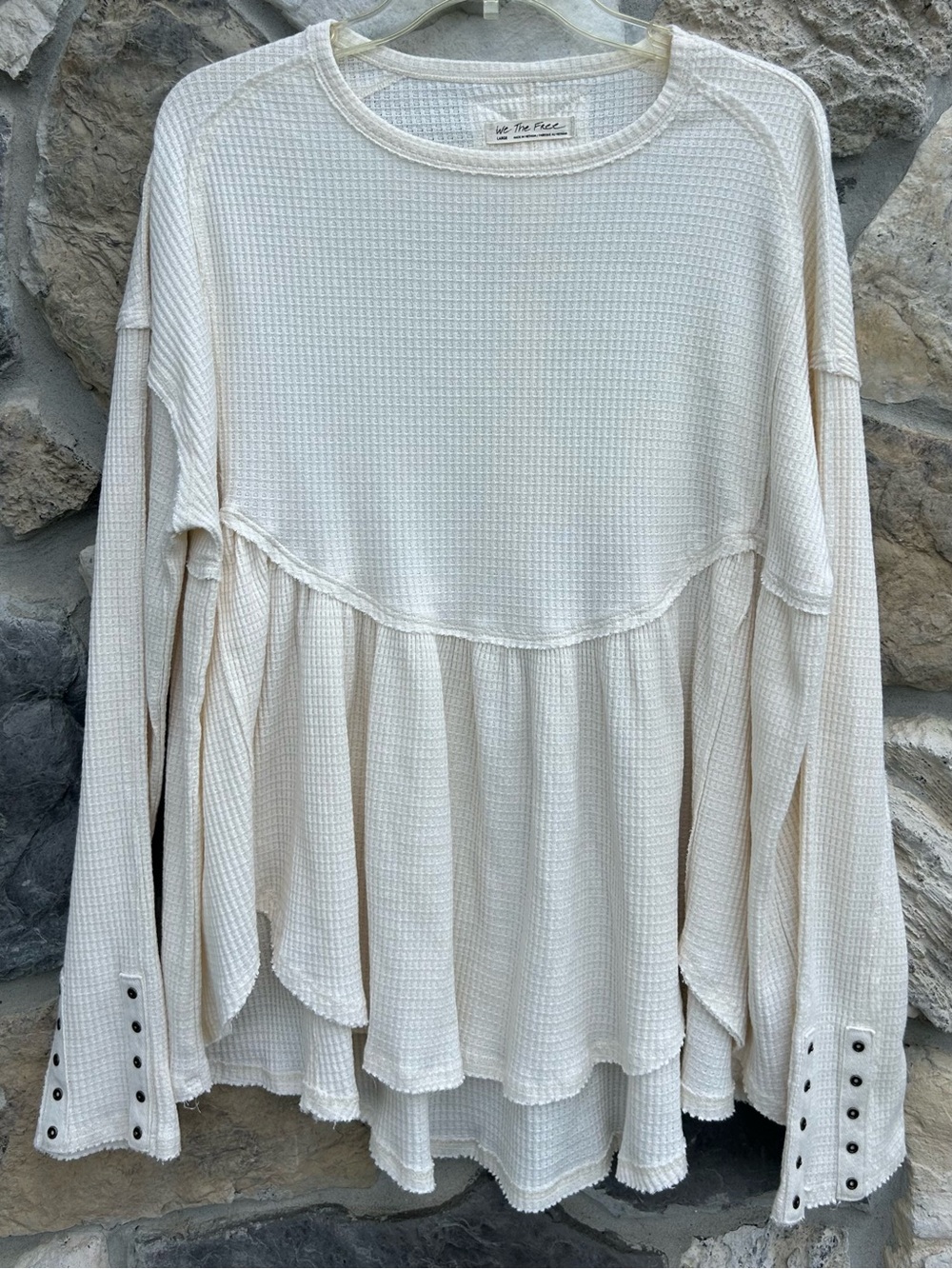 We The Free Oh My Babydoll Top Size L Cream Waffle Knit Oversized Thermal Boho